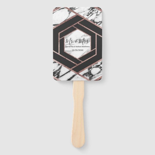 Moderne Marmeren Roos Gouden Trim Hexagon Programm Handwaaier (Voorkant)