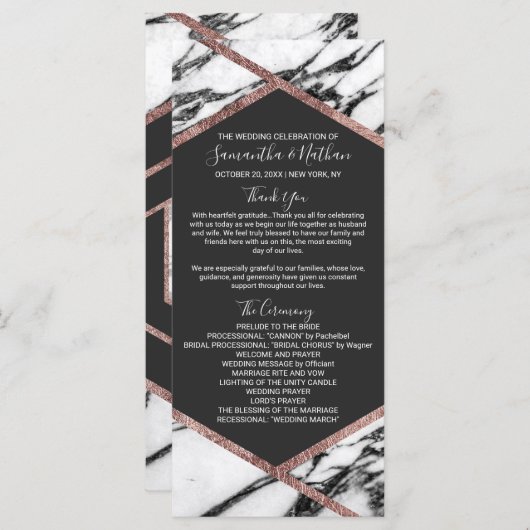 Moderne Marmeren Roos Gouden Trim Hexagon Programm Programmakaart (Voorkant / Achterkant)