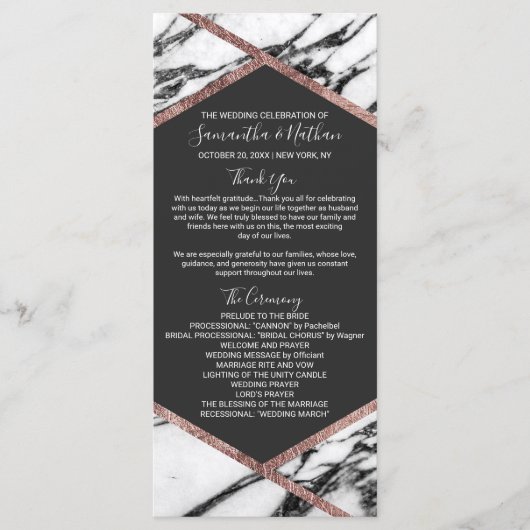 Moderne Marmeren Roos Gouden Trim Hexagon Programm Programmakaart (Voorkant)