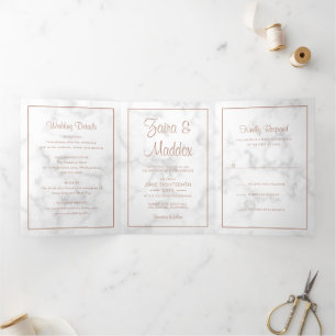 Moderne Marmeren Roze Gouden Script Bruiloft Drieluik Uitnodiging