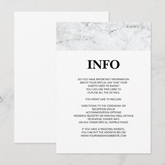 Moderne marmeren trouwdetails / informatiekaart informatiekaartje (Voorkant / Achterkant)