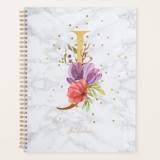 Moderne marmeren waterverf gouden monogram letter planner (Voorkant)