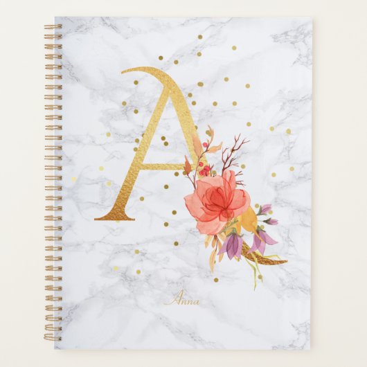 Moderne Marmeren Waterverf Gouden Monogram Letter  Planner (Voorkant)