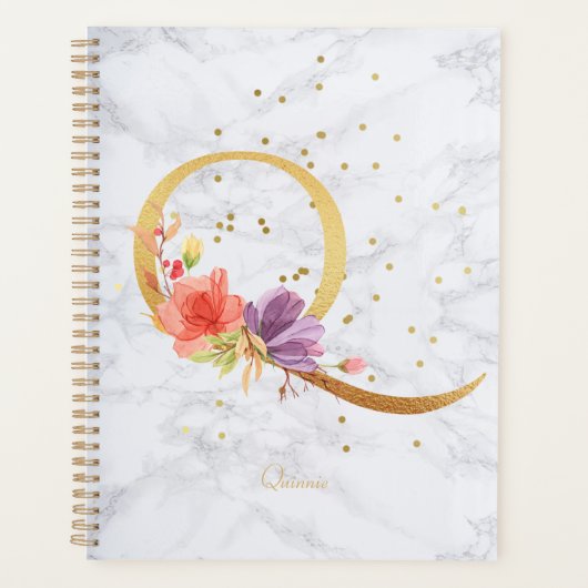 Moderne marmeren waterverf gouden monogram letter  planner (Voorkant)