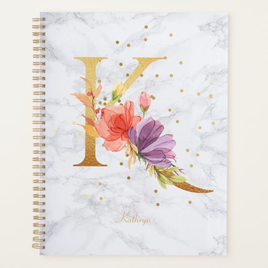 Moderne Marmeren Waterverf Gouden Monogram Letter  Planner (Voorkant)