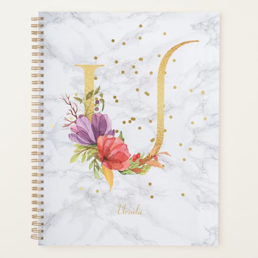 Moderne marmeren waterverf gouden monogram letter planner (Voorkant)