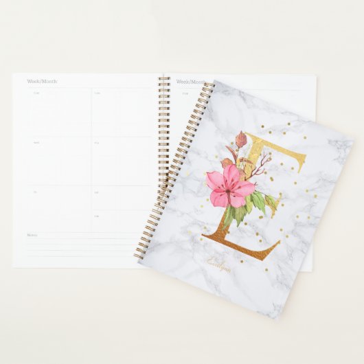 Moderne Marmeren Waterverf Gouden Monogram Letter  Planner (Display)