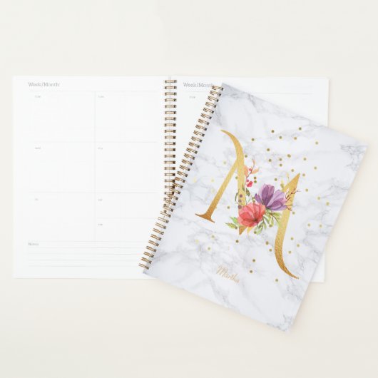 Moderne Marmeren Waterverf Gouden Monogram Letter  Planner (Display)