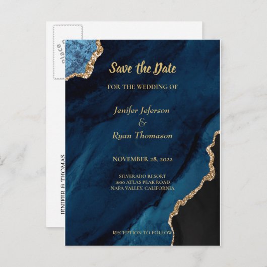 Moderne marmeren wedding save the date-ansichtkaar aankondigingskaart (Voorkant / Achterkant)