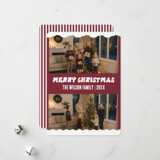 Moderne Maroon Aangepaste Twee Foto Kerstmis Feestdagenkaart