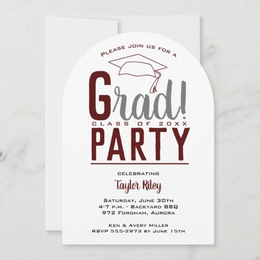 Moderne Maroon en Grey Graduation Party Arch Kaart (Voorkant)