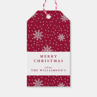 Moderne Maroon en Zilveren Sneeuwvlok Kerstmis Cadeaulabel