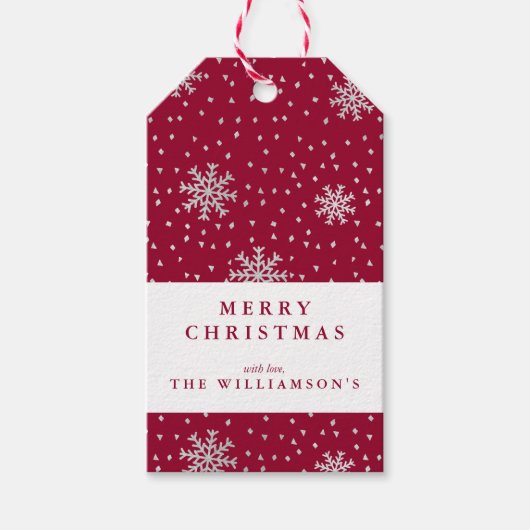 Moderne Maroon en Zilveren Sneeuwvlok Kerstmis Cadeaulabel (Voorkant)