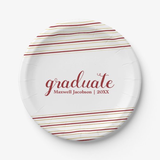 Moderne Maroon & Gouden Streep Afstudeerfeest Bord (Voorkant)