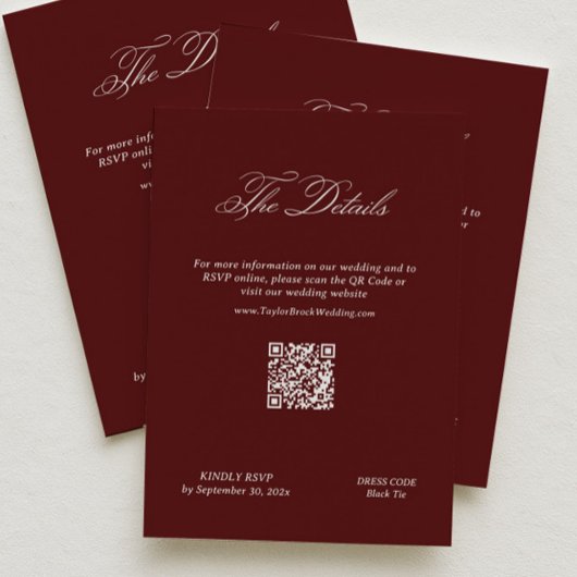 Moderne Maroon Huwelijksdetails Qr Code Informatiekaartje