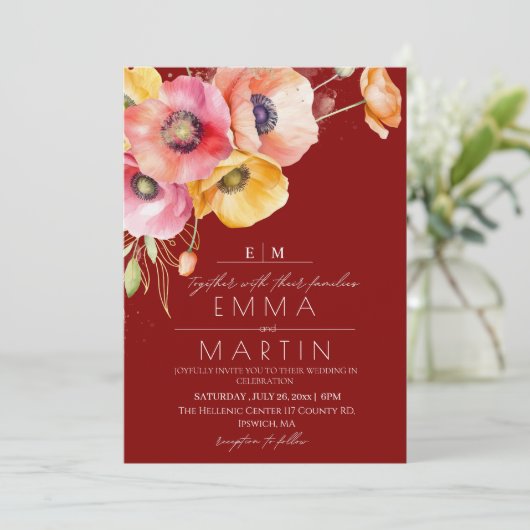 Moderne Maroon Red Poppies Floral Wedding Kaart (Staand voorkant)
