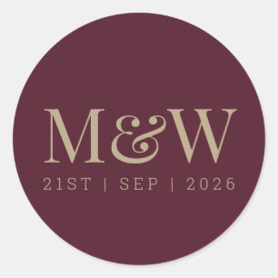 Moderne Marsala Bourgogne Gouden Bruid Groom Monog Ronde Sticker
