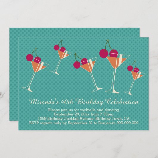Moderne Martini Cocktail 40th Birthday Party Kaart (Voorkant / Achterkant)