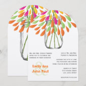 Moderne Mason Jar Roze en Sinaasappel Bloemen Huwe Kaart (Voorkant / Achterkant)