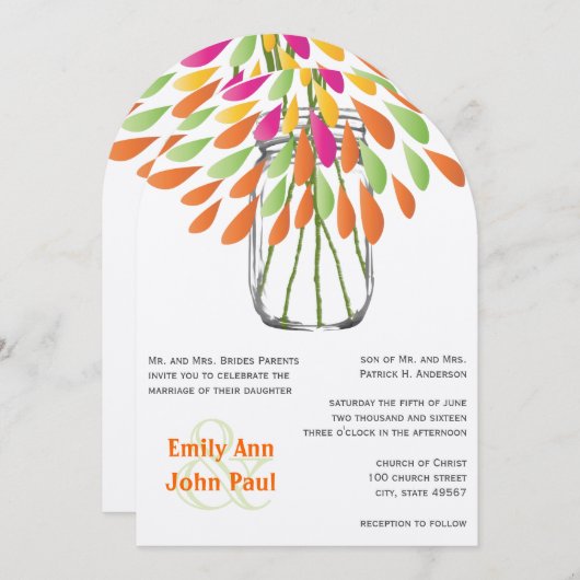 Moderne Mason Jar Roze en Sinaasappel Bloemen Huwe Kaart (Voorkant / Achterkant)