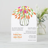 Moderne Mason Jar Roze en Sinaasappel Bloemen Huwe Kaart (Staand voorkant)