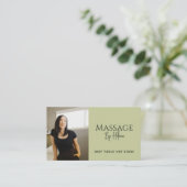 Moderne Massagetherapeut Foto QR Code Sagegroen Visitekaartje (Staand voorkant)