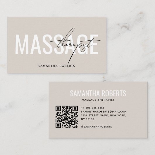 Moderne massagetherapeut QR-code beige Visitekaartje (Voorkant / Achterkant)