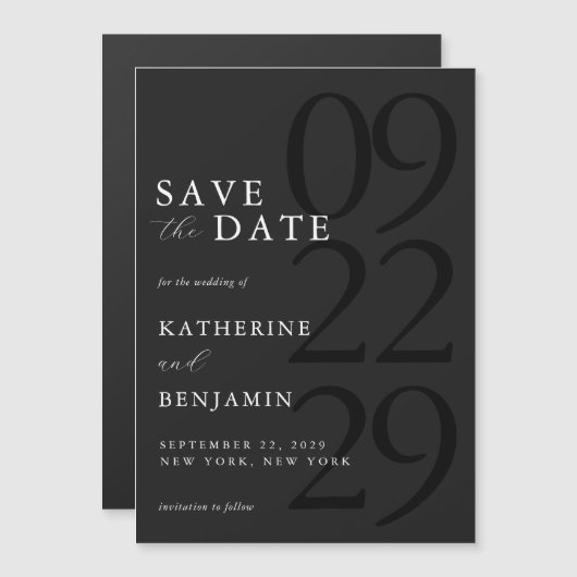 Moderne Mat Zwart Minimale bruiloft Save the Date Magnetische Uitnodiging (Voorkant / Achterkant)