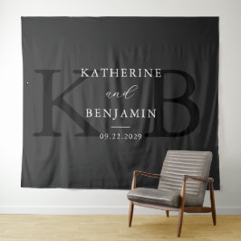 Moderne Mat Zwart Monogram Huwelijksachtergrond Wandkleed