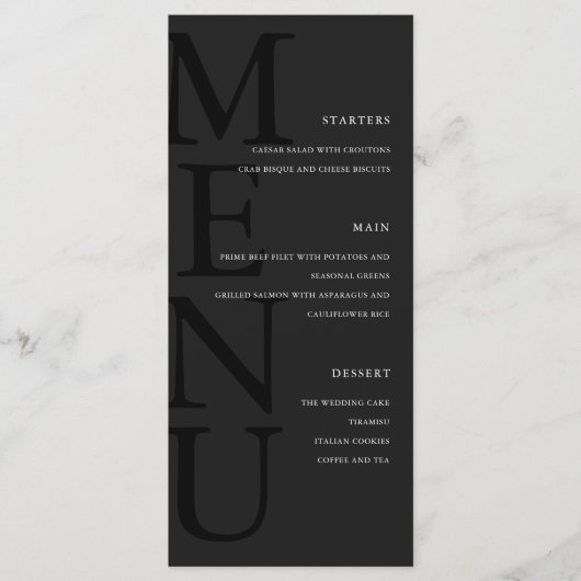 Moderne matte zwarte minimalistische bruiloft menu (Voorkant)