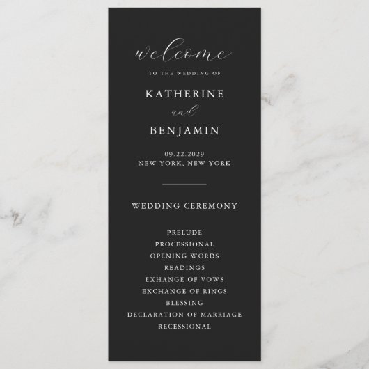 Moderne matte zwarte minimalistische bruiloft programmakaart (Voorkant)