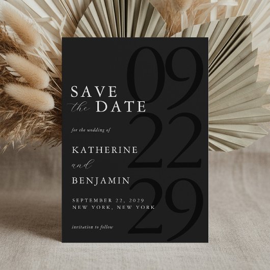 Moderne matte zwarte minimalistische bruiloft save the date