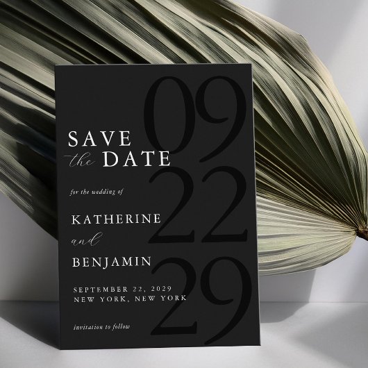 Moderne matte zwarte minimalistische bruiloft save the date