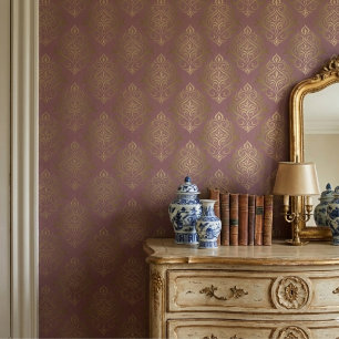 Moderne Mauve en gouden damast Behang