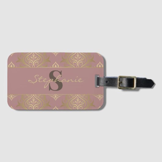Moderne Mauve en gouden damast monogram Bagagelabel (Voorkant (horizontaal))