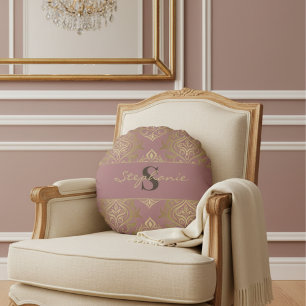 Moderne  Mauve en gouden damast monogram Rond Kussen