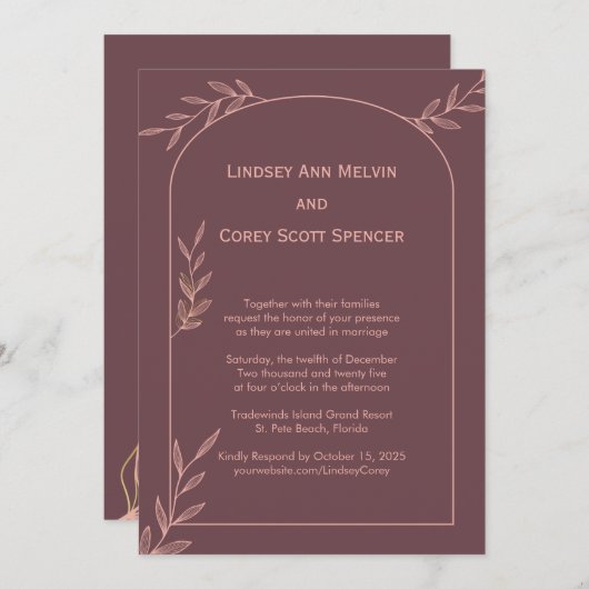 Moderne Mauve en Pink Leaf bruiloft Kaart (Voorkant / Achterkant)