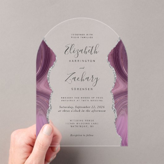 Moderne Mauve Zilveren Agaat Trouwboog Acryl Uitnodigingen (Insitu (Draagbaar))