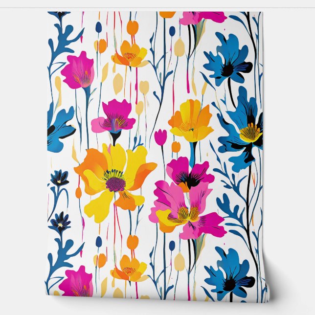 Moderne Maximalistische Kleur Pop Inkt Floral Art Behang (Afrollen)