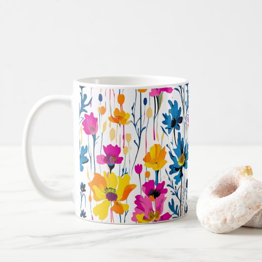 Moderne Maximalistische Kleur Pop Inkt Floral Art Koffiemok (Met donut)