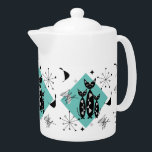 Moderne mediane retro-kattenpatroonpatronen theepot<br><div class="desc">Een super schattig patroon van zwarte katten,  atomaire zetbursten en abstracte vormen,  geïnspireerd door retro midden-eeuwse design,  in mooie tinten van blauwgroen,  blauw,  zwart,  wit en grijs.</div>