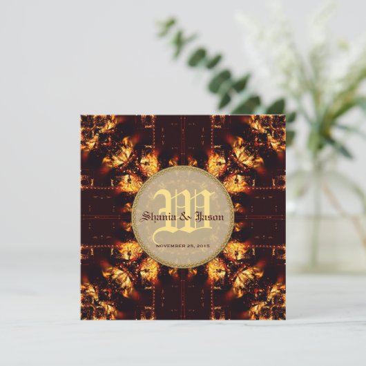 Moderne medieval Fire Monogram Weddenschap Kaart (Staand voorkant)