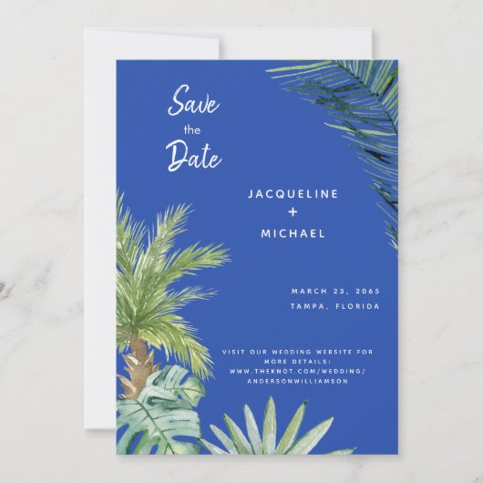Moderne Mediterraan Blauw Botanisch Bewaar de Datu Save The Date (Voorkant)
