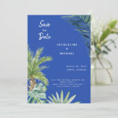 Moderne Mediterraan Blauw Botanisch Bewaar de Datu Save The Date (Staand voorkant)