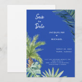 Moderne Mediterraan Blauw Botanisch Bewaar de Datu Save The Date (Voorkant / Achterkant)