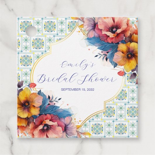 Moderne Mediterraanse Blauwe Tegels Bruidsdouche Bedankjes Labels (Voorkant)