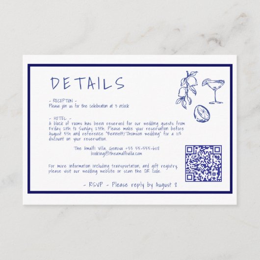 Moderne mediterrane bruiloft Details QR-code Informatiekaartje (Voorkant)
