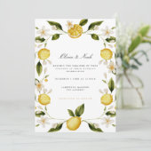 Moderne mediterrane citroen bruiloft uitnodiging K (Staand voorkant)