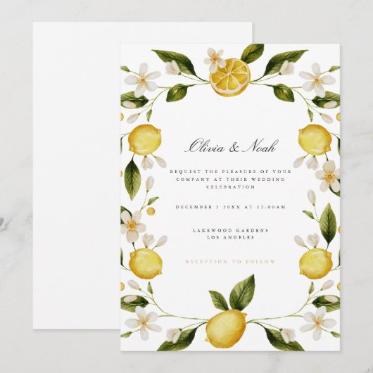 Moderne mediterrane citroen bruiloft uitnodiging K (Voorkant / Achterkant)