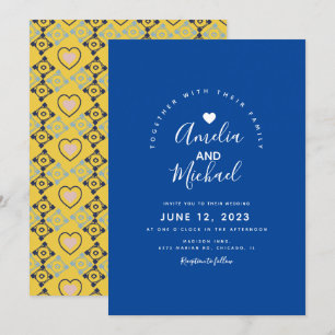 Moderne mediterrane heart Blue Yellow Wedding Kaart